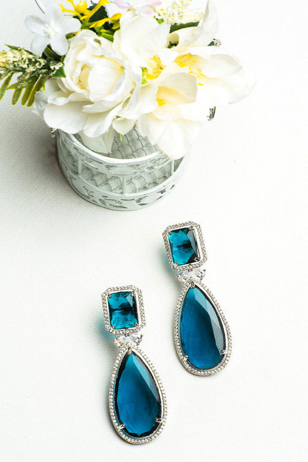Peacock Blue AD Teardrop Earrings Adorned with Stones - Mayrake
