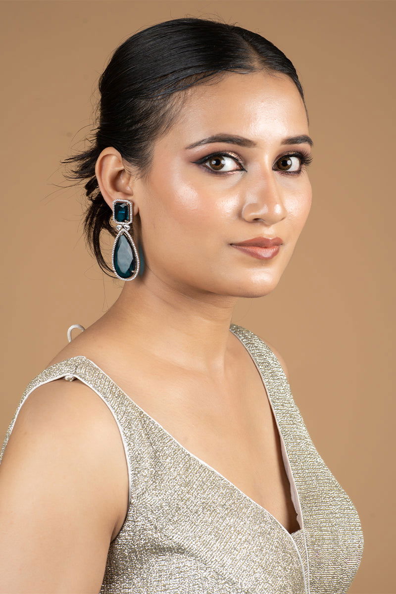Peacock Blue AD Teardrop Stones Earrings - Mayrake.in