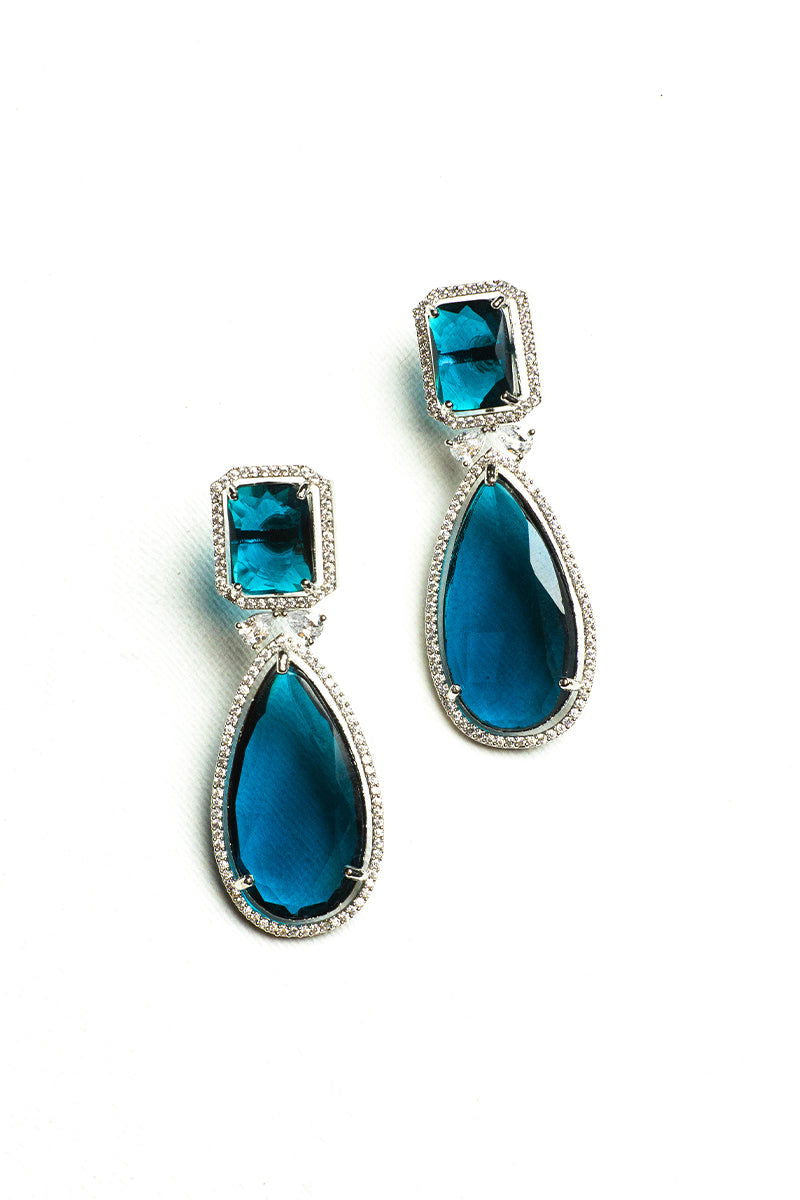 Peacock Blue AD Teardrop Stones Earrings - Mayrake.in