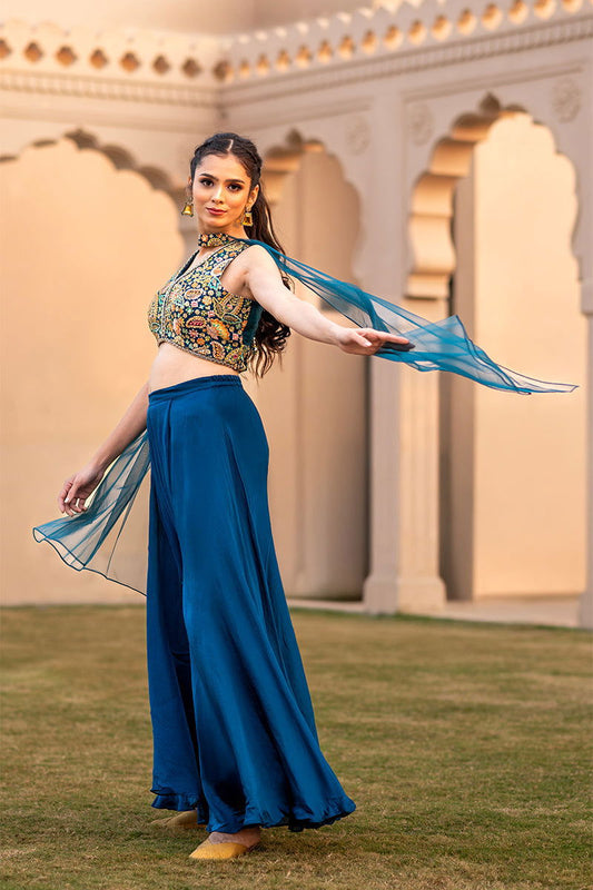Peacock Blue Embroidered Tank Top with Matching Palazzo Pants and Net Dupatta - Mayrake.in