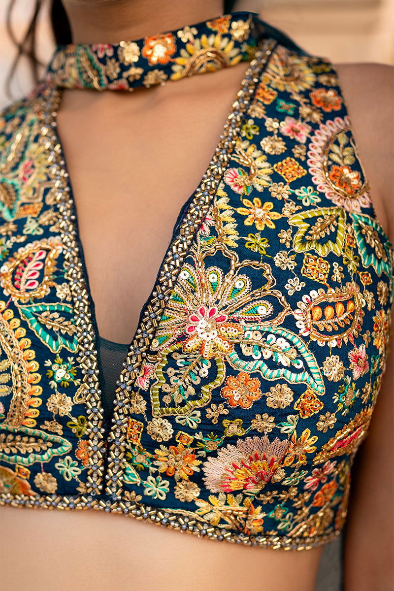 Peacock Blue Embroidered Tank Top with Matching Palazzo Pants and Net Dupatta - Mayrake.in