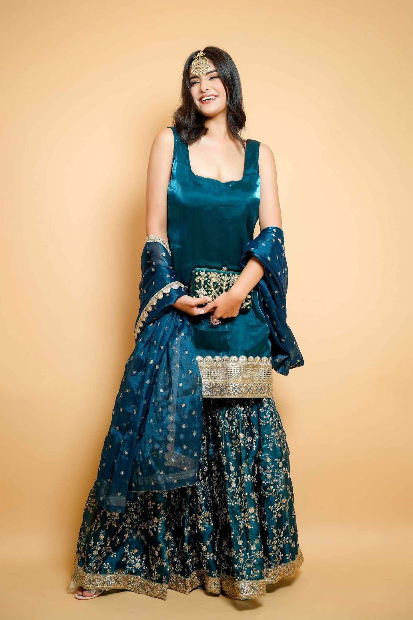 Peacock Blue Organza Embroidered Garara Suit - Mayrake.in