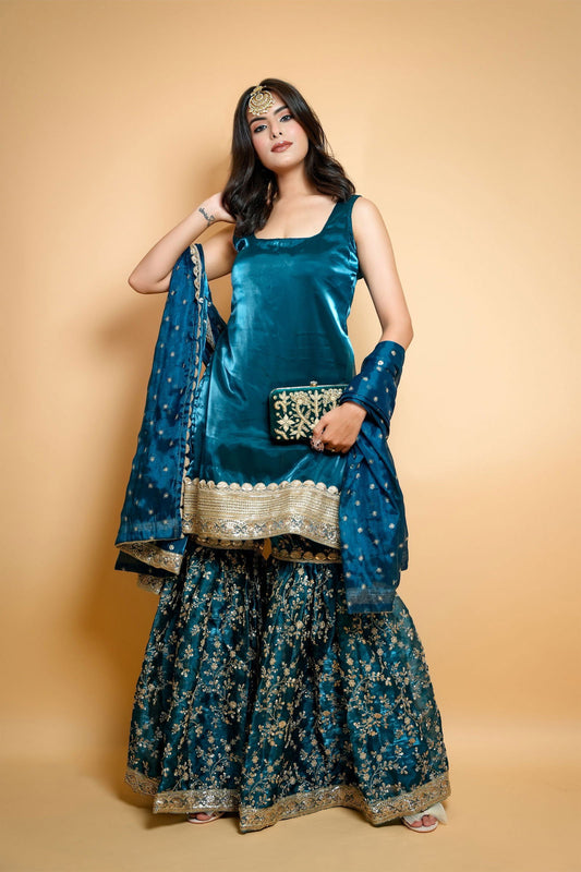 Peacock Blue Organza Embroidered Garara Suit - Mayrake.in