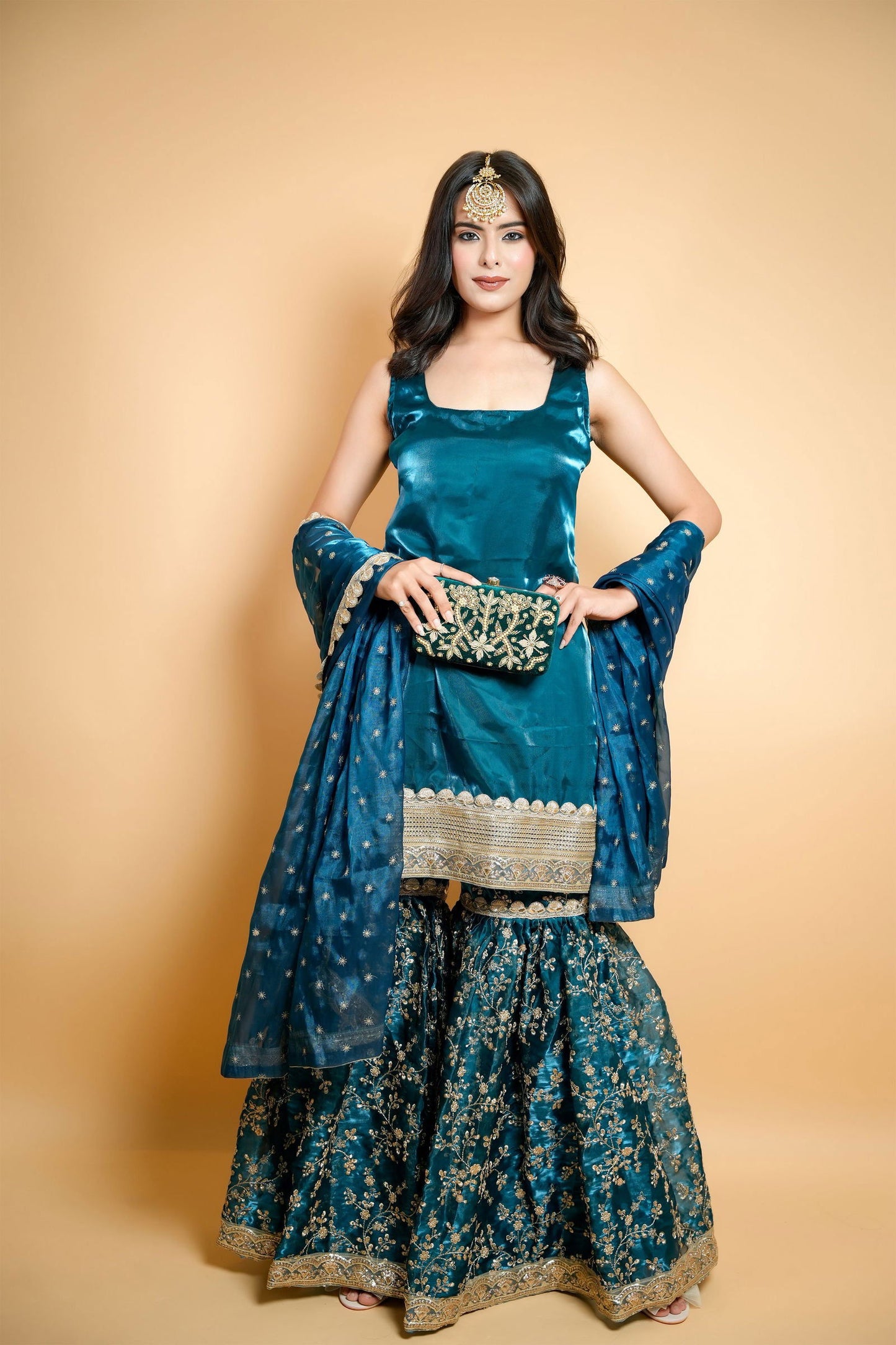 Peacock Blue Organza Embroidered Garara Suit - Mayrake.in