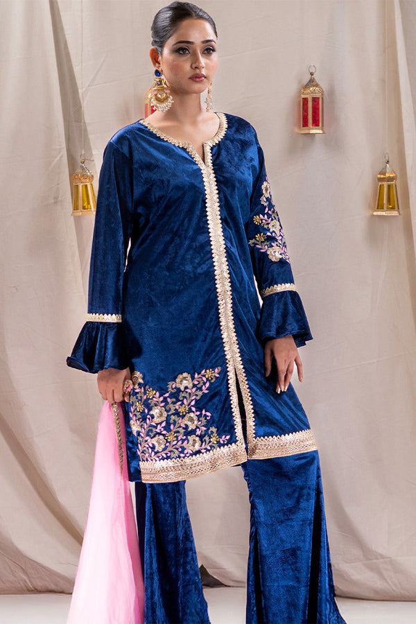 Peacock Blue Short Velvet Embroidered Kurta with Lace Detailing, Palazzo Pants, and Dupatta - Mayrake - 