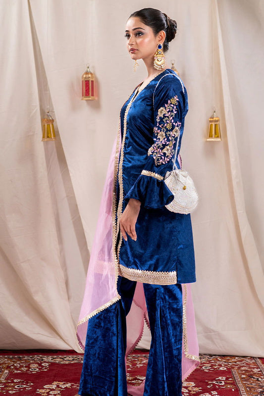 Peacock Blue Velvet Embroidered Palazzo Sets - Mayrake.in