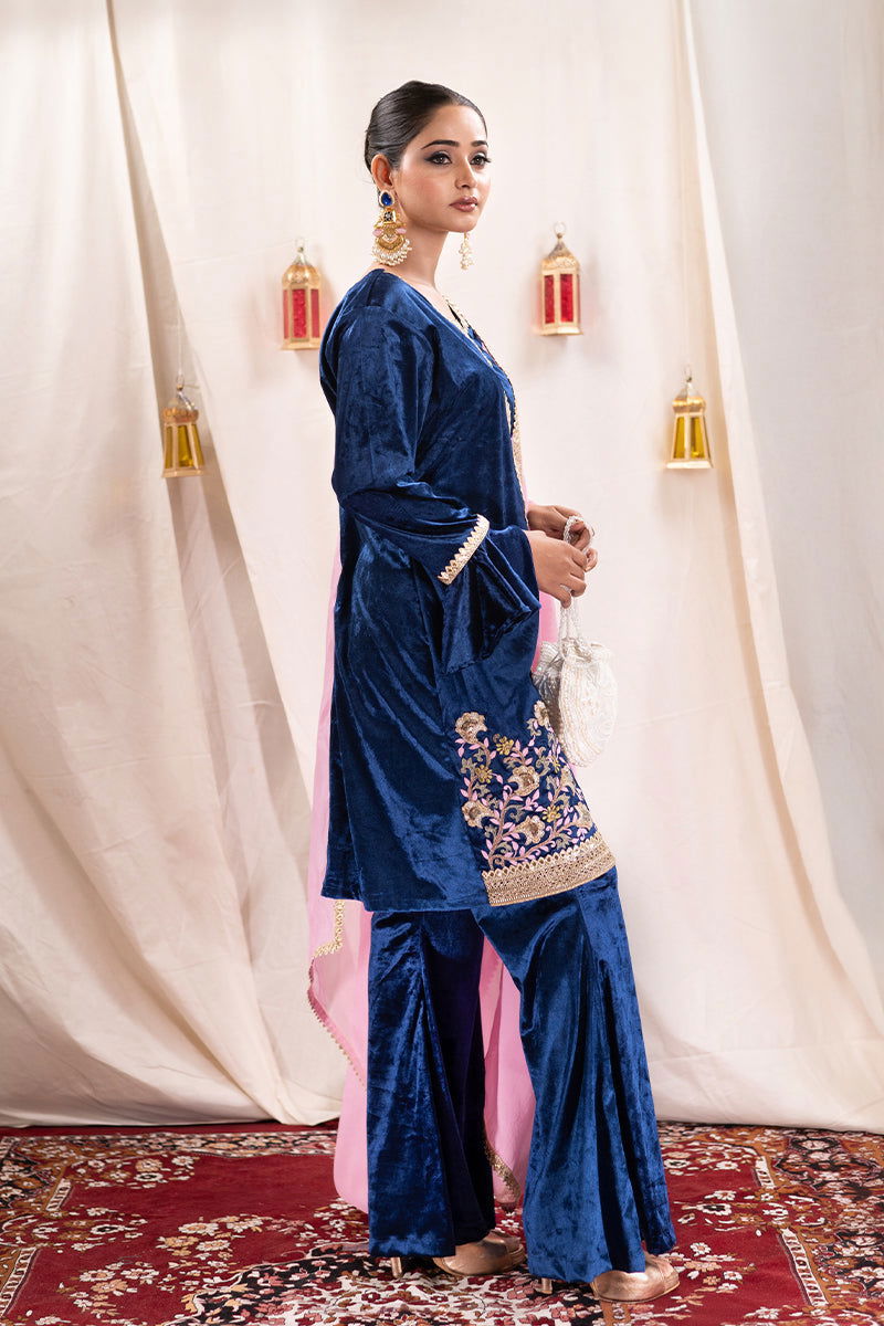 Peacock Blue Velvet Embroidered Palazzo Sets - Mayrake.in