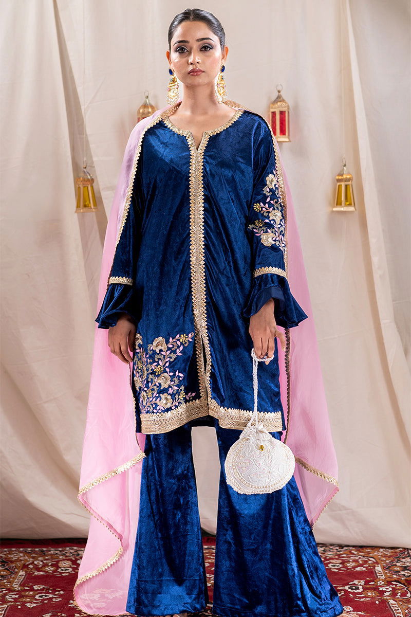 Peacock Blue Velvet Embroidered Palazzo Sets - Mayrake.in