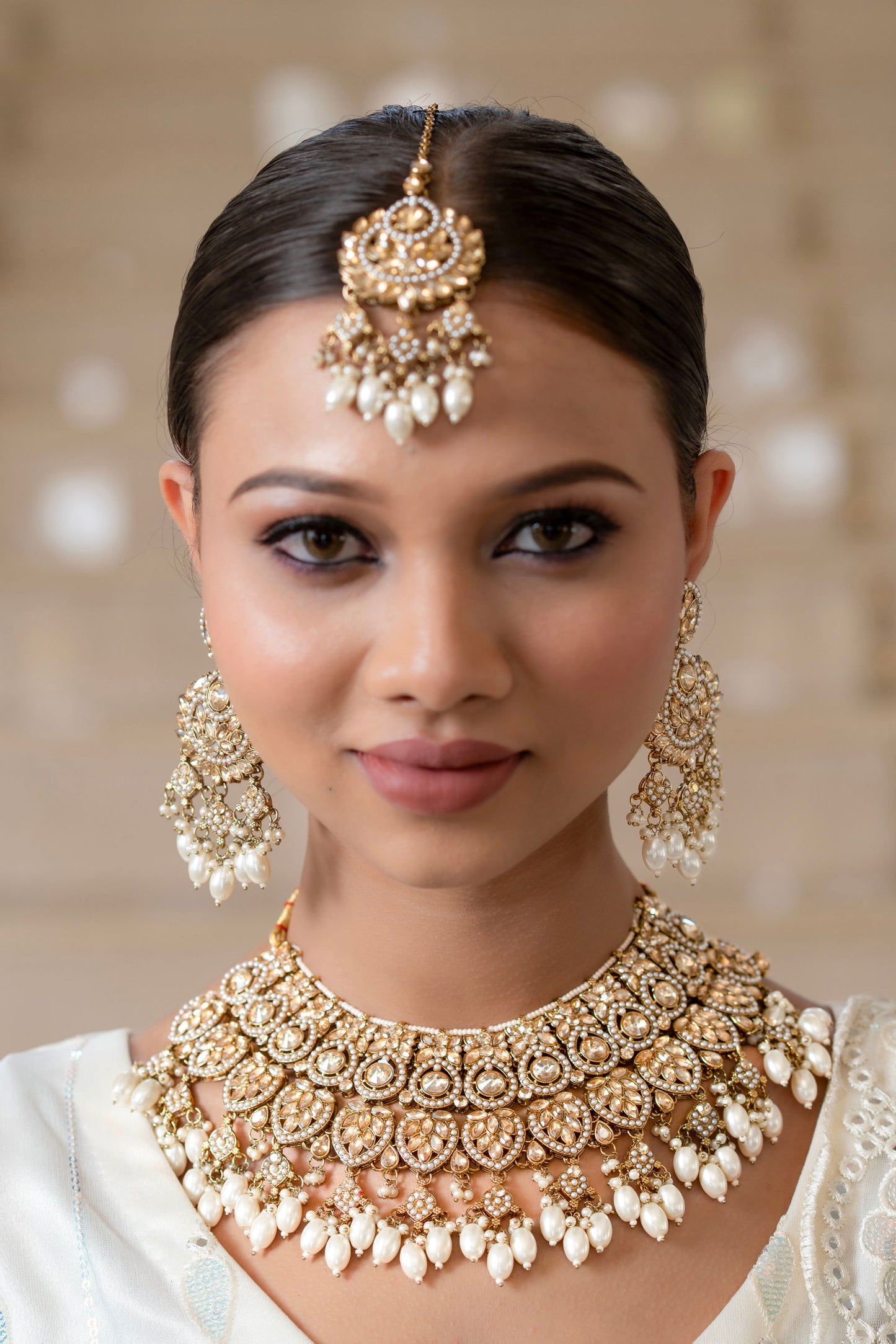 Pearl And Zircon Choker Set With Maang Tikka - Mayrake.in