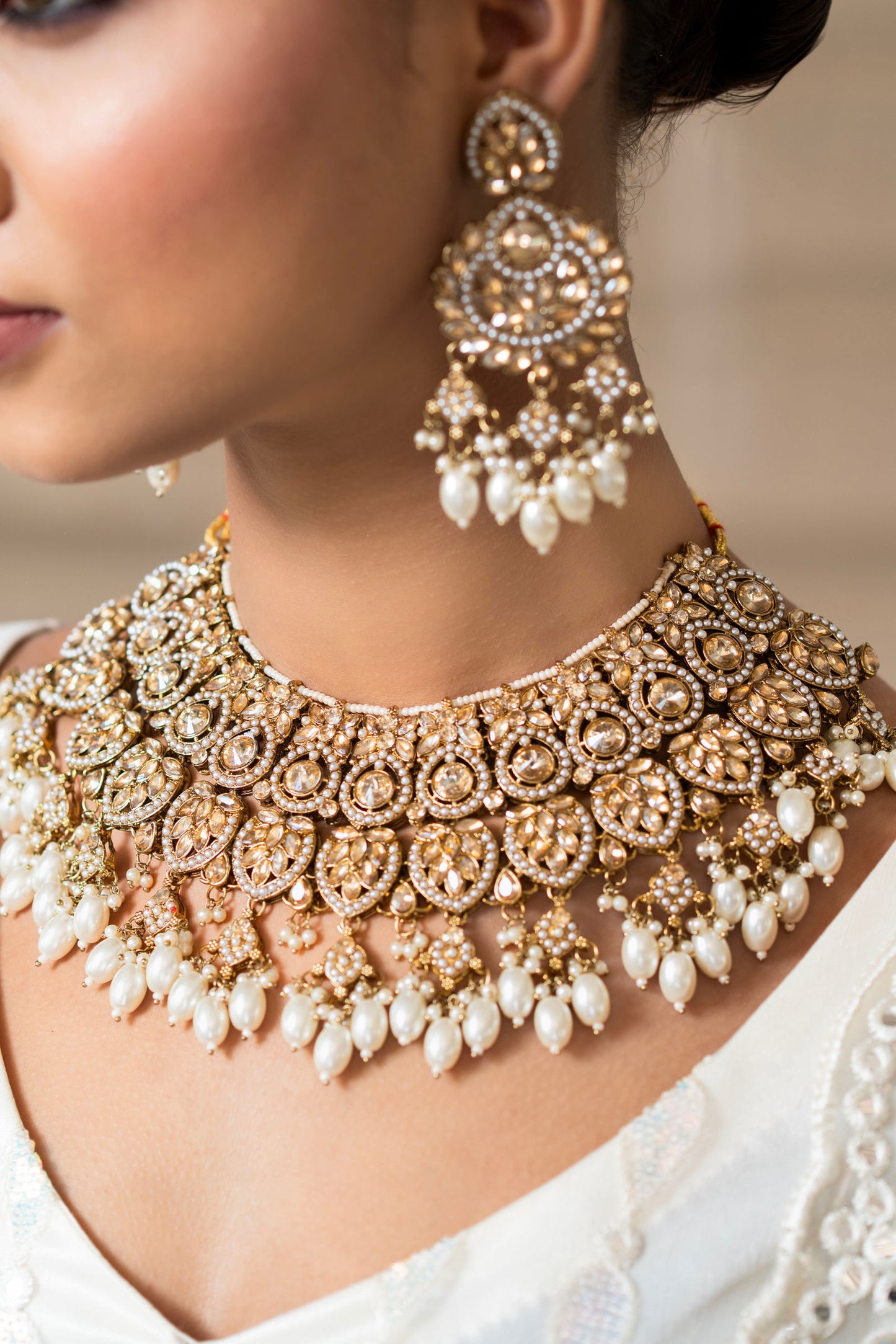 Pearl And Zircon Choker Set With Maang Tikka - Mayrake.in