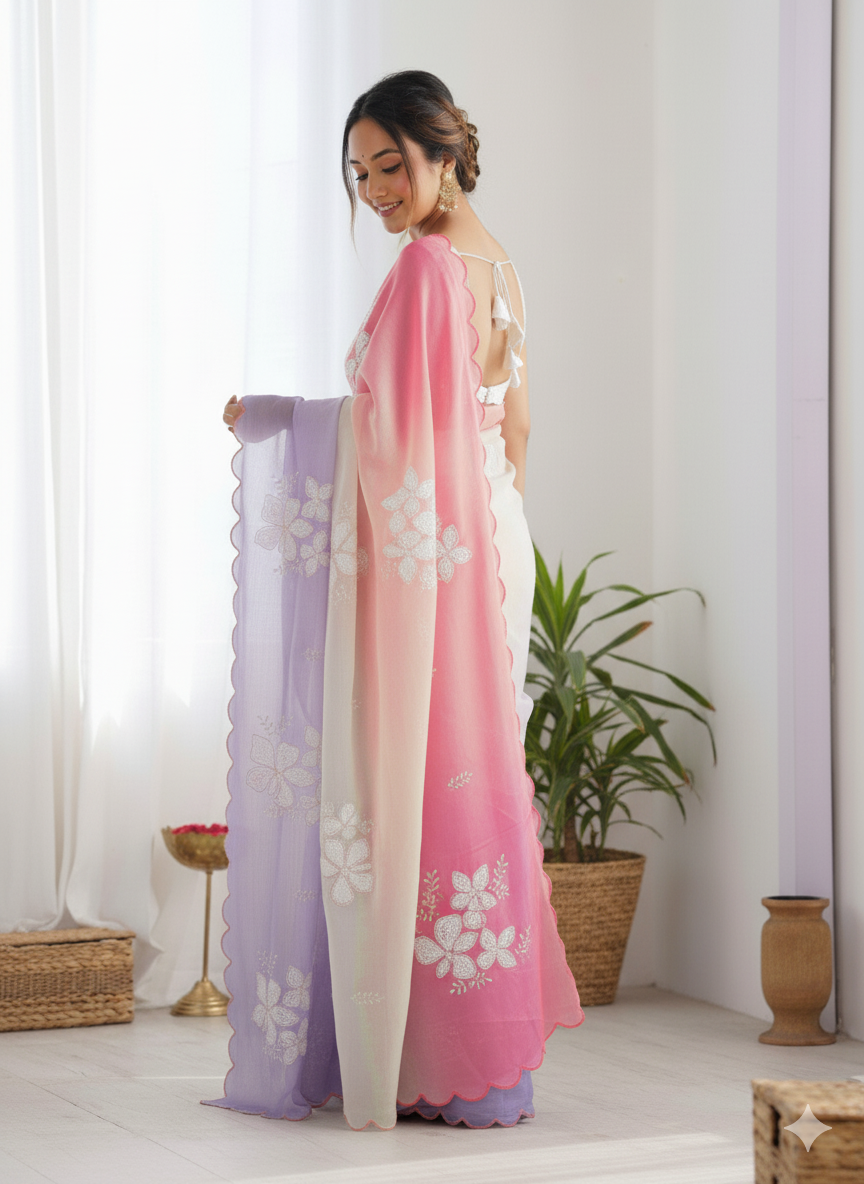 Pink Purple Pastel-Shaded Soft Chinon Silk Saree with Sequin Embroidery and Khatli Work Border - Mayrake.in
