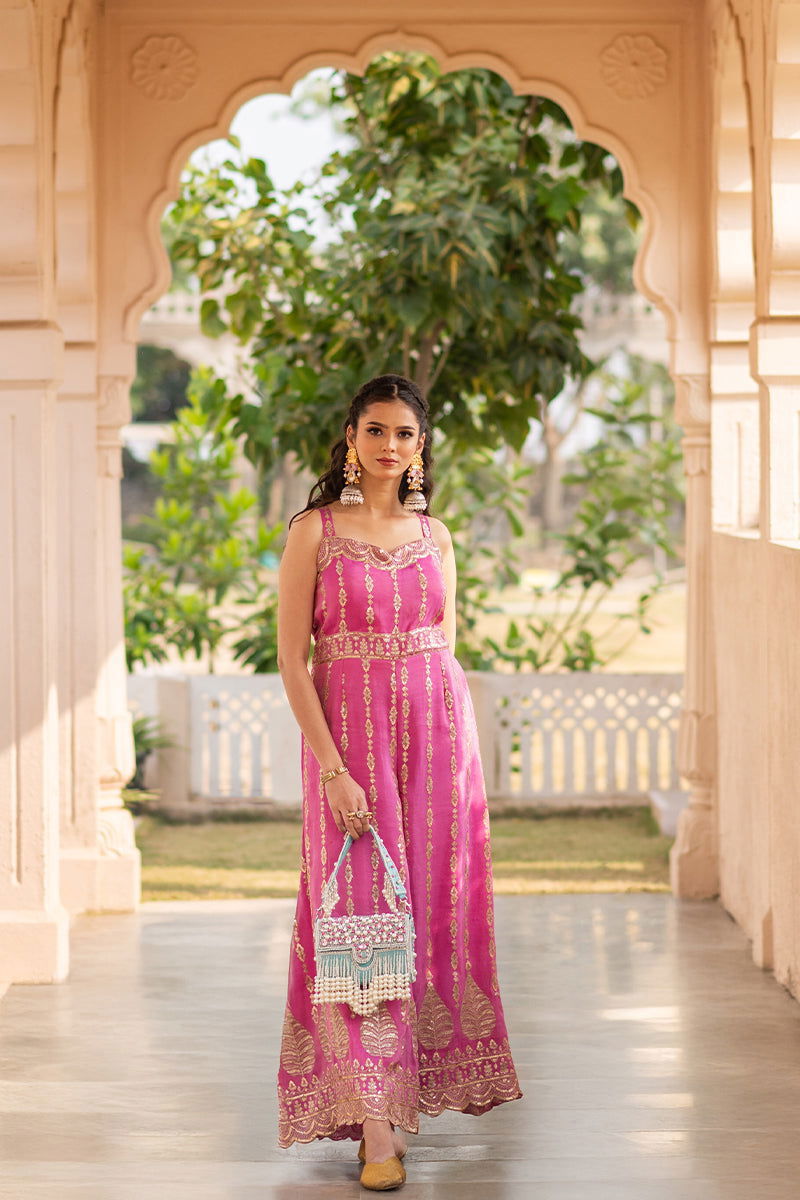 Pink Raw Silk Jumpsuit Golden Thread with Sequin Embroidery - Mayrake.in