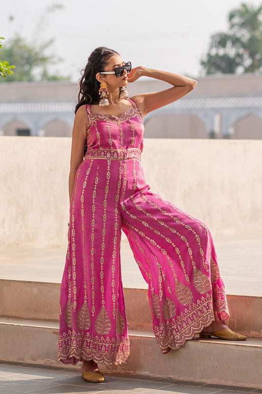 Pink Raw Silk Jumpsuit Golden Thread with Sequin Embroidery - Mayrake.in