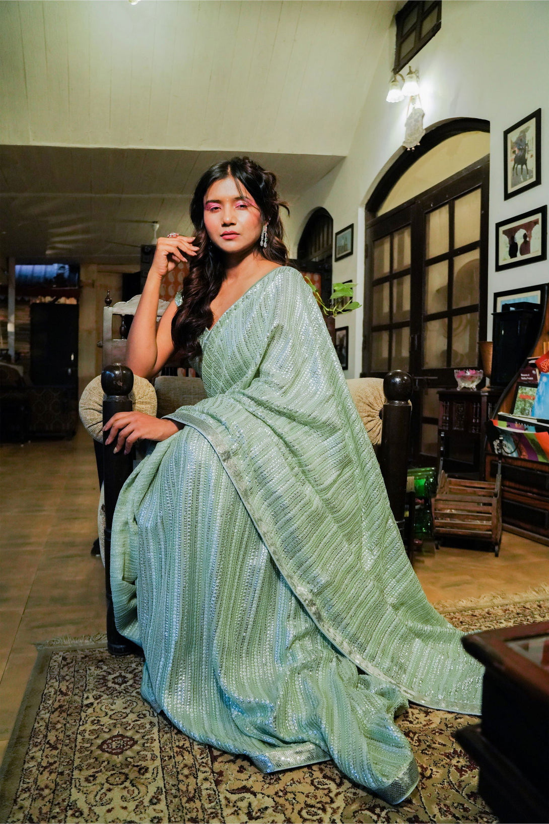 Pista Green Georgette Saree With Sequin Work with Stiched Blouse - Mayrake.in