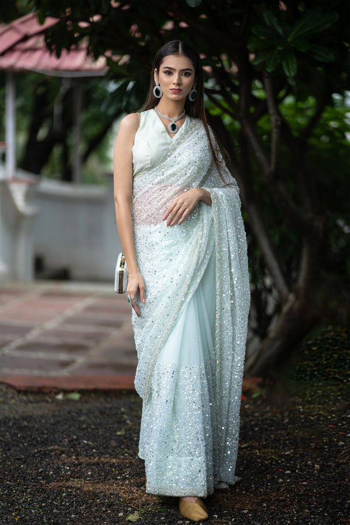 Pista Green Super Net Saree with Sequin Detailing, Pearl Work, and matching  Blouse - Mayrake