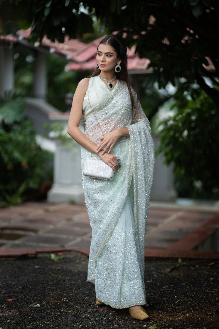 Pista Green Super Net Saree with Sequin Detailing, Pearl Work, and matching  Blouse - Mayrake