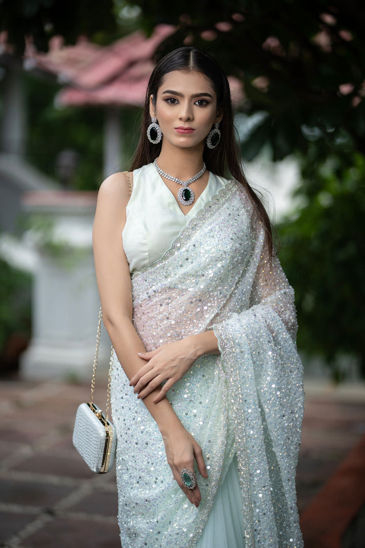 Pista Green Super Net Saree with Sequin Detailing, Pearl Work, and matching  Blouse - Mayrake