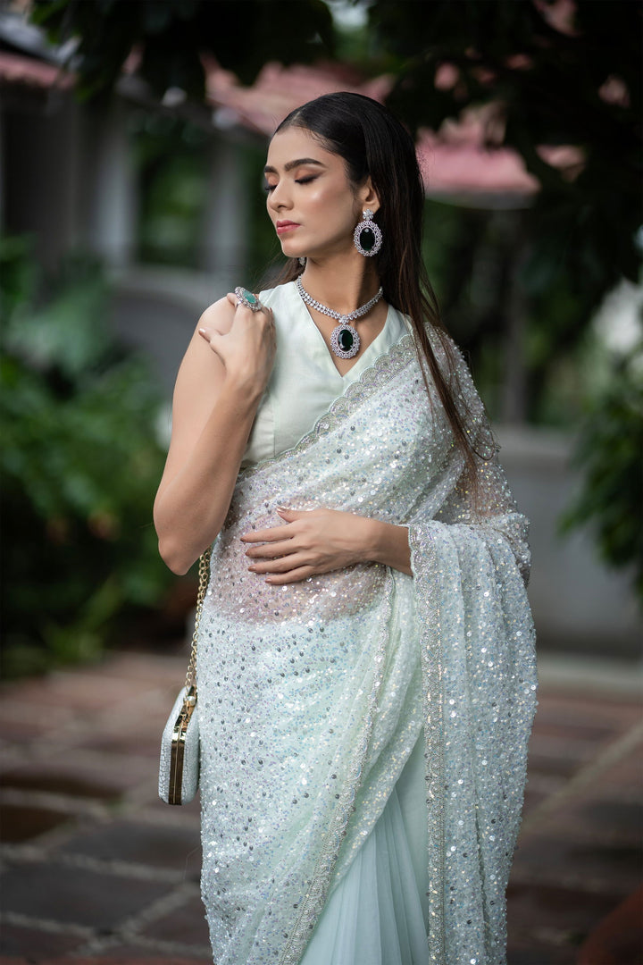 Pista Green Super Net Saree with Sequin Detailing, Pearl Work, and matching  Blouse - Mayrake