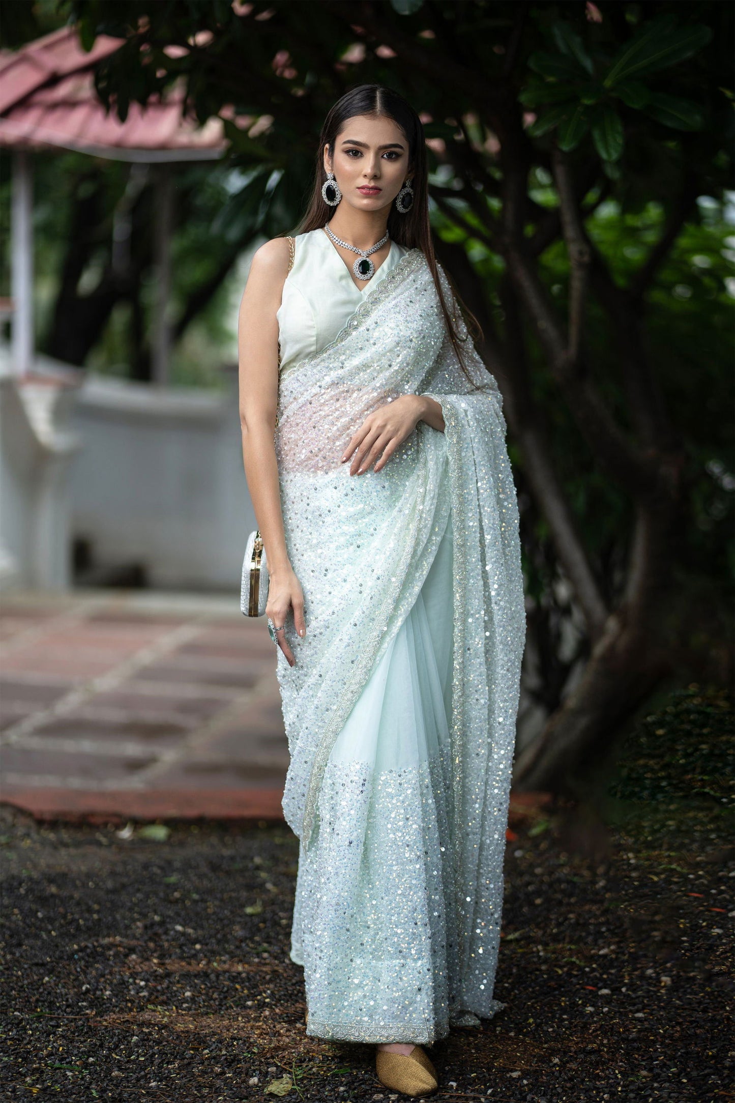 Pista Green Super Net Saree with Sequin Detailing and Pearl Work - Mayrake.in