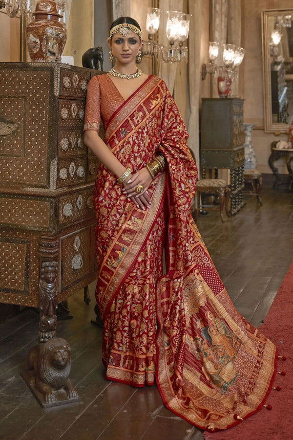 Plum Red Raw Silk Saree with Ethnic Heritage Prints - Mayrake.in