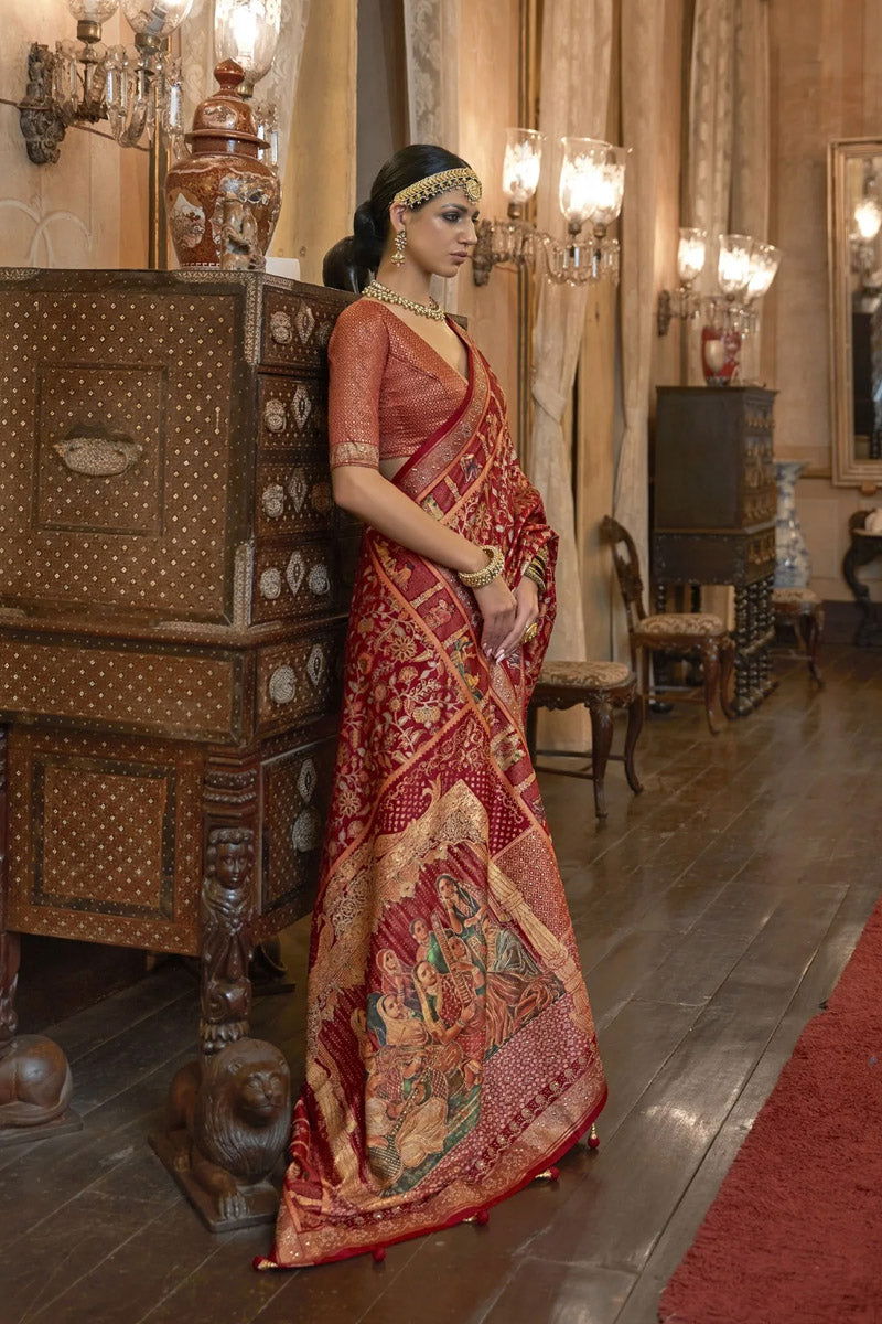 Plum Red Raw Silk Saree with Ethnic Heritage Prints - Mayrake.in