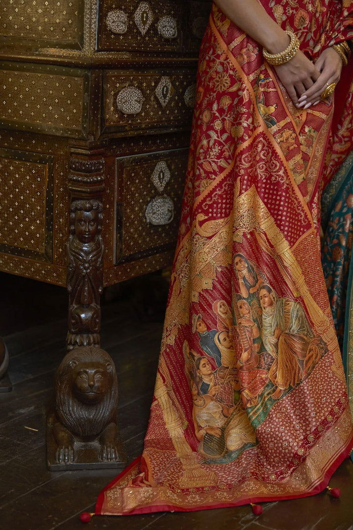 Plum Red Raw Silk Saree with Ethnic Heritage Prints - Mayrake.in