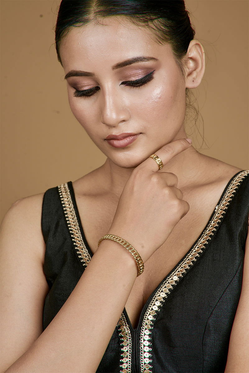 Premium Steel Metallic Check Cuff Bracelet with Matching Ring - Mayrake.in