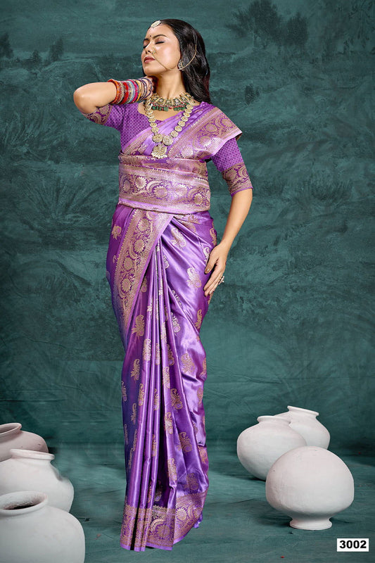 Purple Banarasi Satin Silk Rich Pallu Saree with Silver Zari Weaving Detailing - Mayrake.in