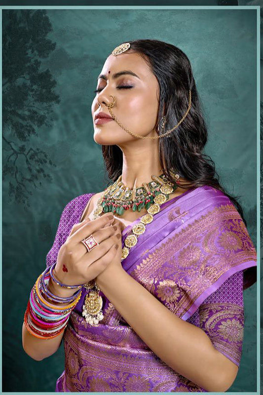 Purple Banarasi Satin Silk Rich Pallu Saree with Silver Zari Weaving Detailing - Mayrake.in