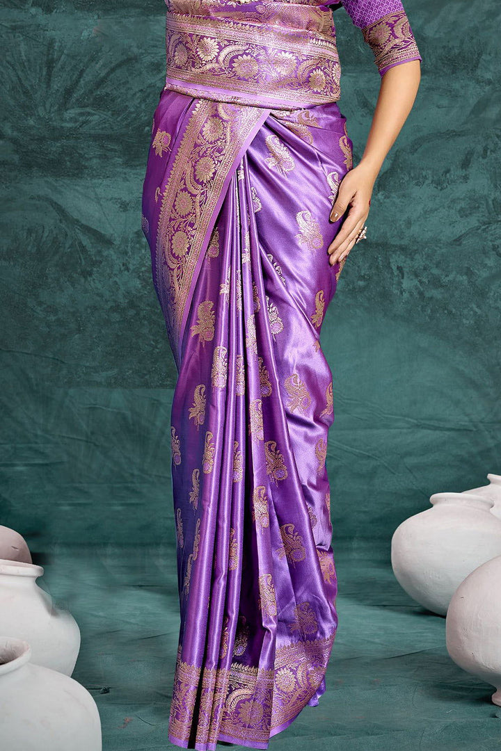 Purple Banarasi Satin Silk Rich Pallu Saree with Silver Zari Weaving Detailing - Mayrake.in