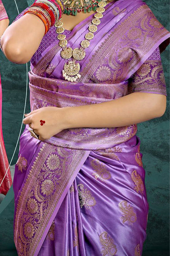 Purple Banarasi Satin Silk Rich Pallu Saree with Silver Zari Weaving Detailing - Mayrake.in