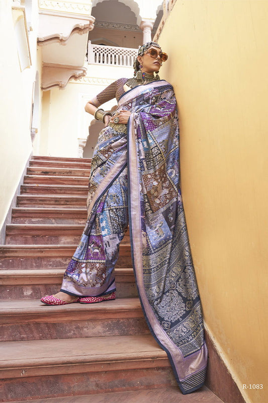 Purple Blue Viscose Silk with Heritage Design and Tribal Animal Art Prints - Mayrake - 