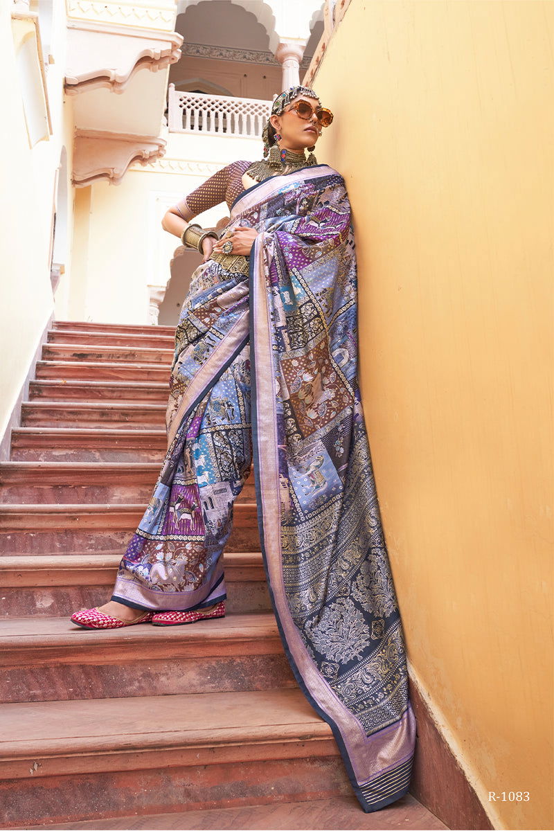 Purple Blue Viscose Silk with Heritage Design and Tribal Animal Art Prints - Mayrake - 