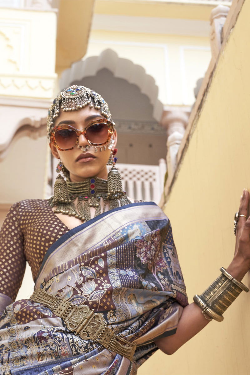 Purple Blue Viscose Silk with Heritage Design and Tribal Animal Art Prints - Mayrake - 