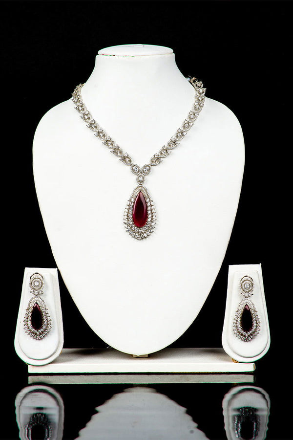Purple Garnet American Diamond Necklace with Tear Drop Earrings - Mayrake