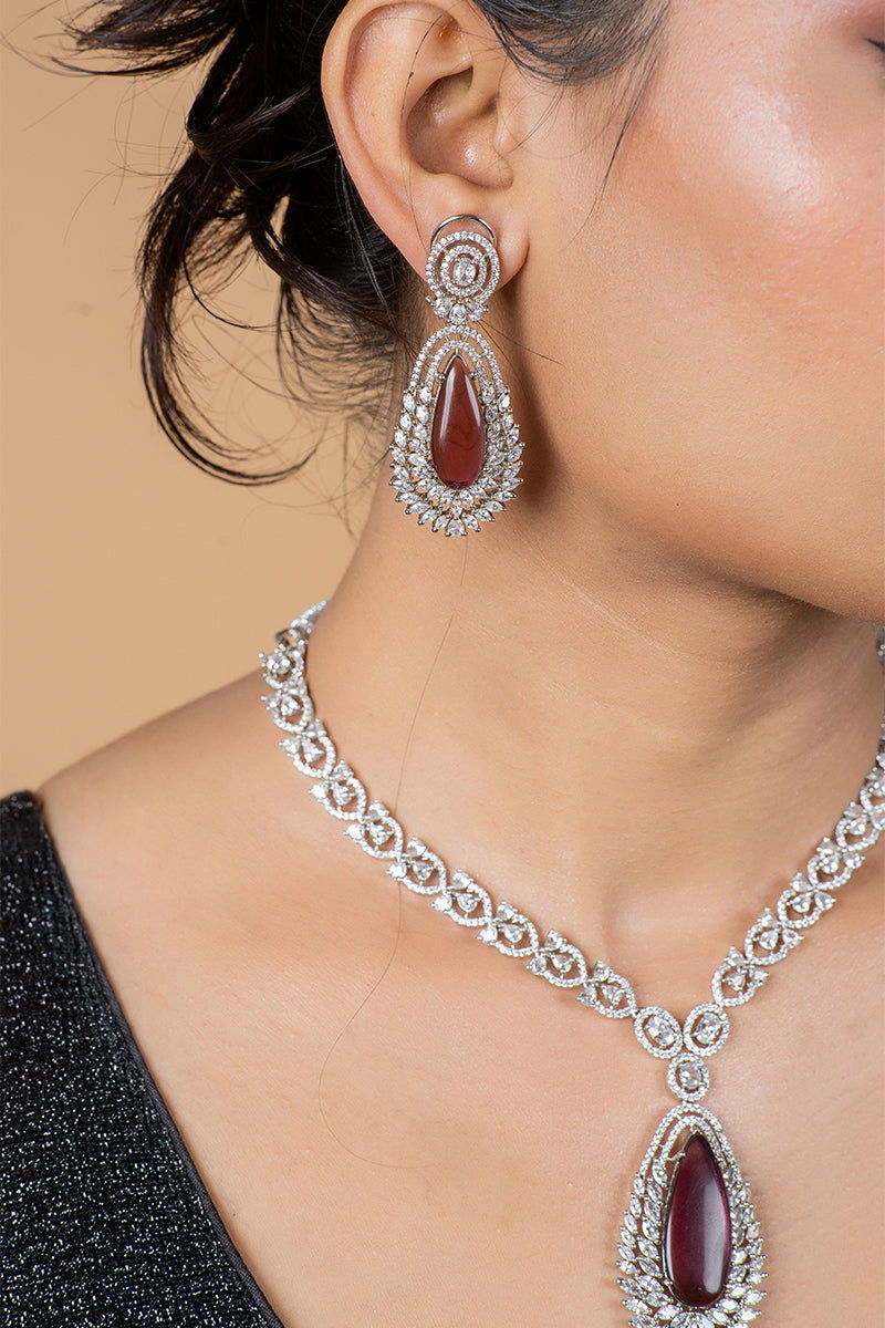 Purple Garnet American Diamond Tear Drop Earrings Necklace - Mayrake.in