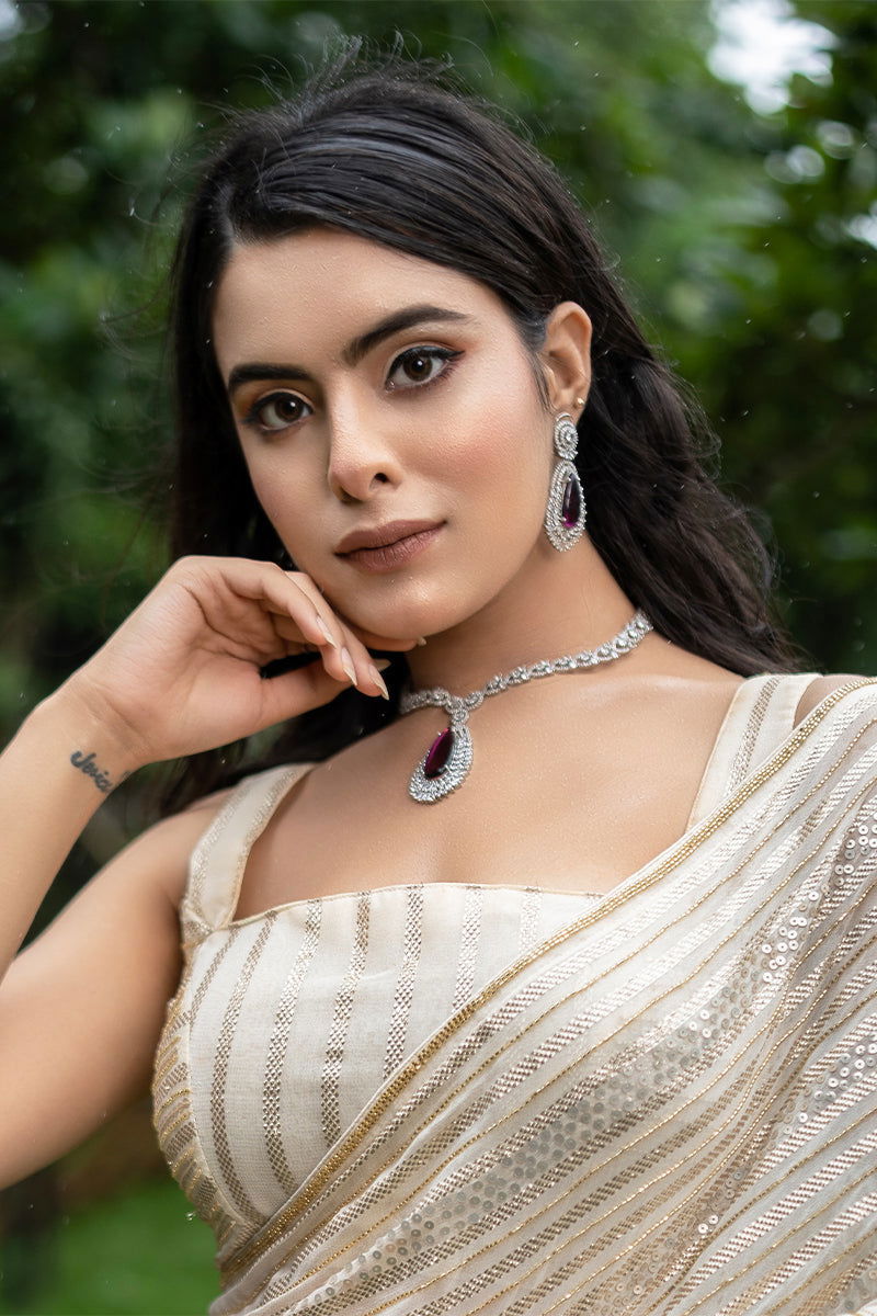 Purple Garnet American Diamond Tear Drop Earrings Necklace - Mayrake.in