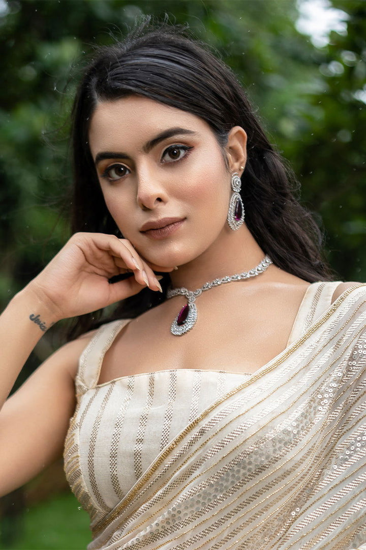 Purple Garnet American Diamond Tear Drop Earrings Necklace - Mayrake.in
