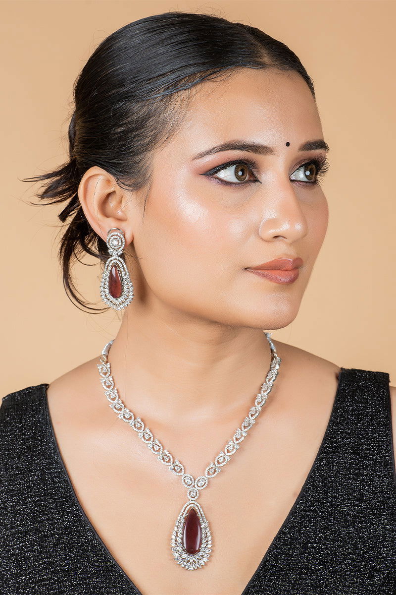 Purple Garnet American Diamond Tear Drop Earrings Necklace - Mayrake.in