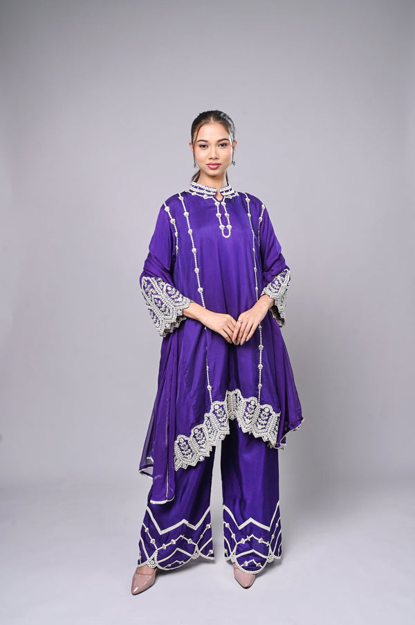 Purple Palazzo Crepe Kurta Set with Silver Embroidery - Mayrake.in