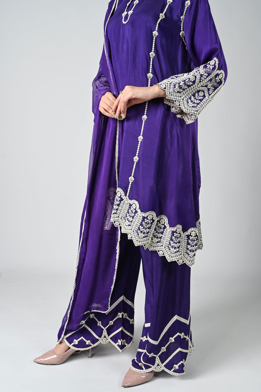 Purple Palazzo Crepe Kurta Set with Silver Embroidery - Mayrake.in