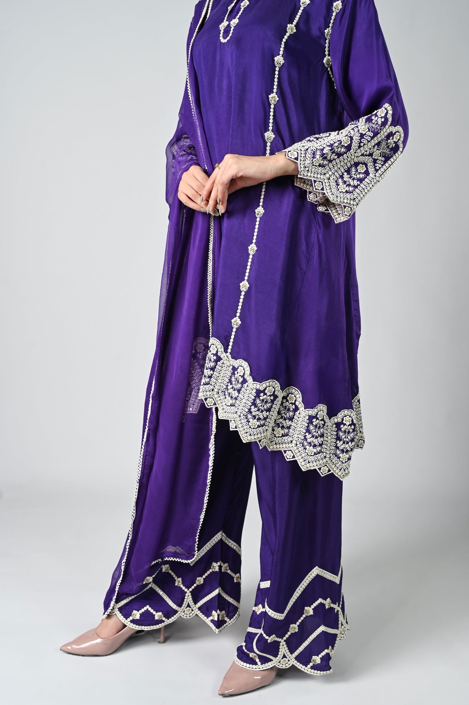 Purple Palazzo Crepe Kurta Set with Silver Embroidery - Mayrake.in