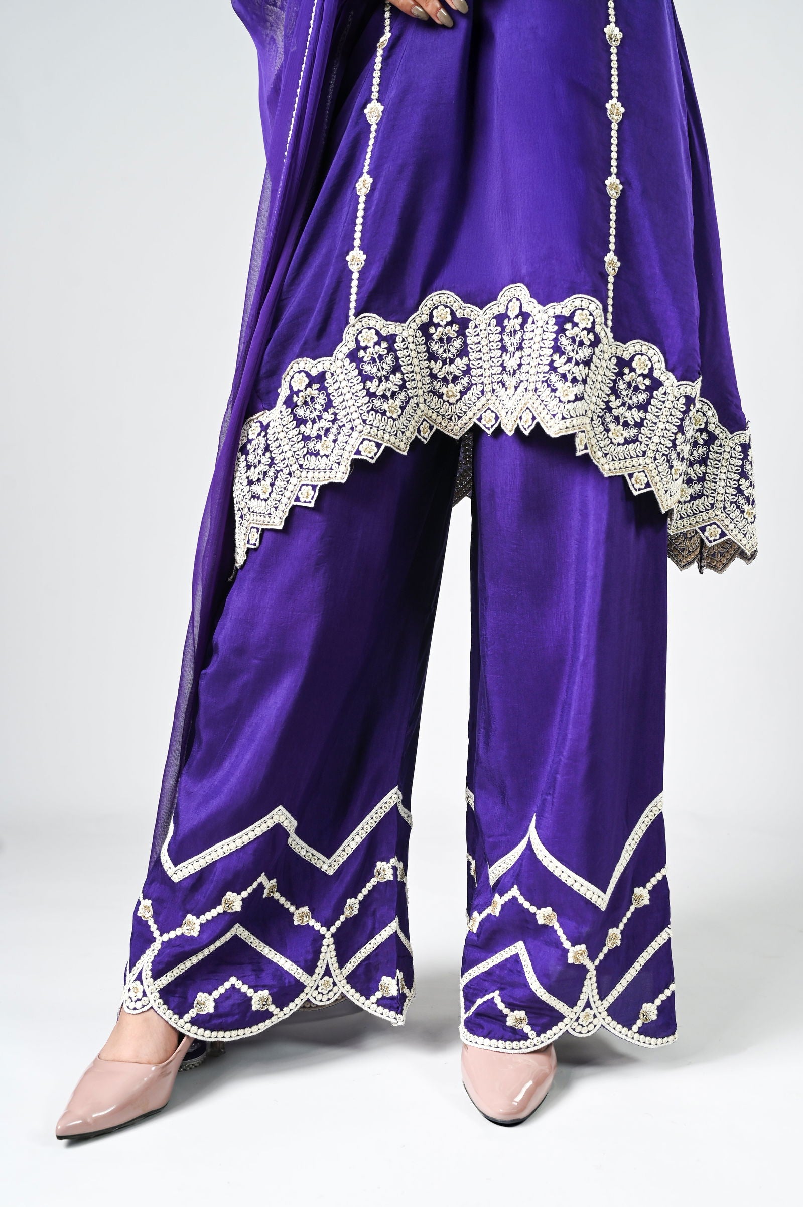 Purple Palazzo Crepe Kurta Set with Silver Embroidery - Mayrake.in