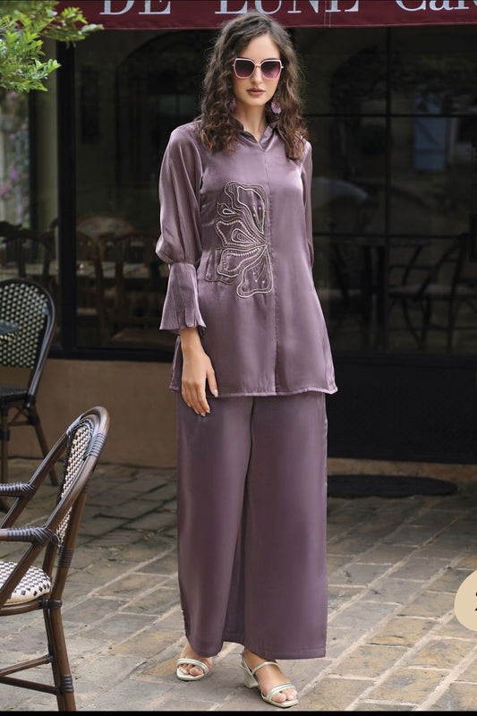 Purple Pure Handwork Viscose Silk Cord-Set Suit with Pant with Pocket - Mayrake.in