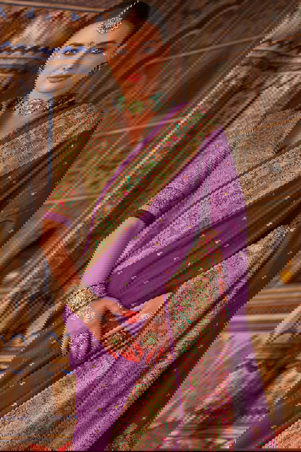 Purple Raw Silk Saree with Heritage Prints - Mayrake.in