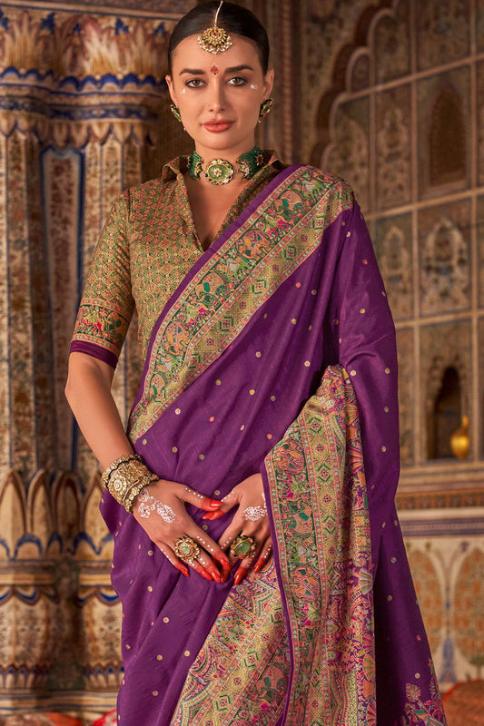 Purple Raw Silk Saree with Heritage Prints - Mayrake.in