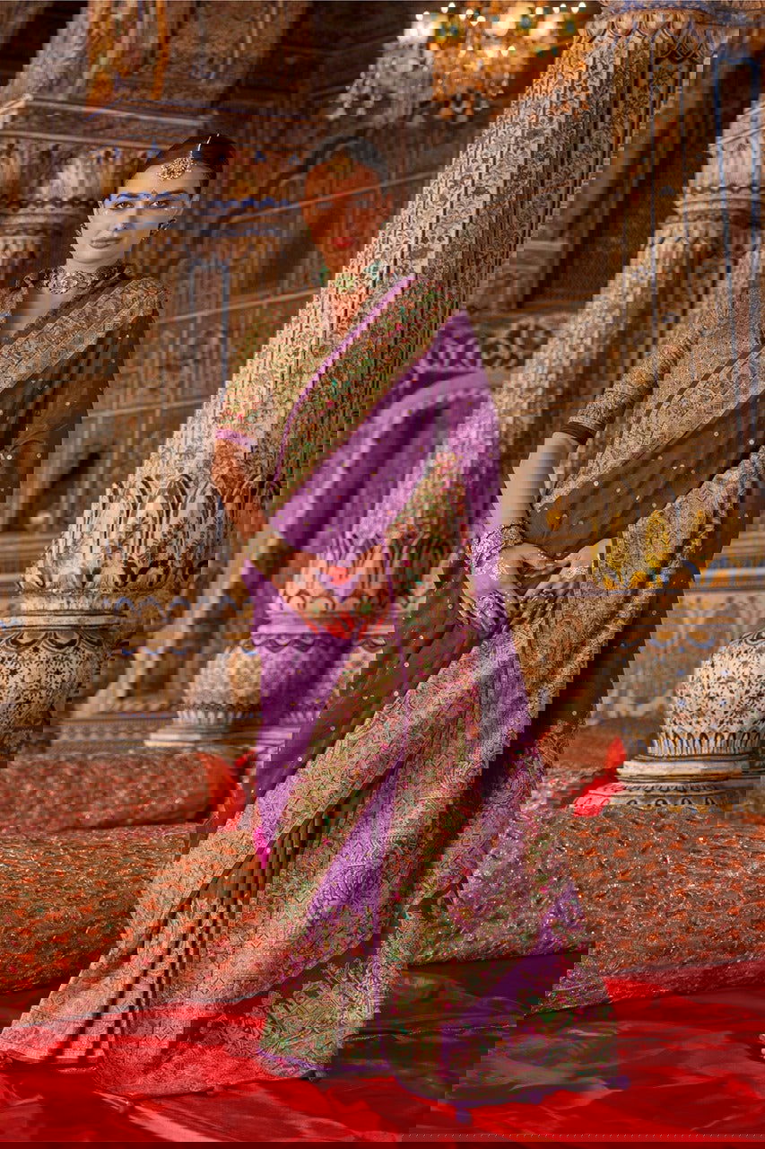 Purple Raw Silk Saree with Heritage Prints - Mayrake.in