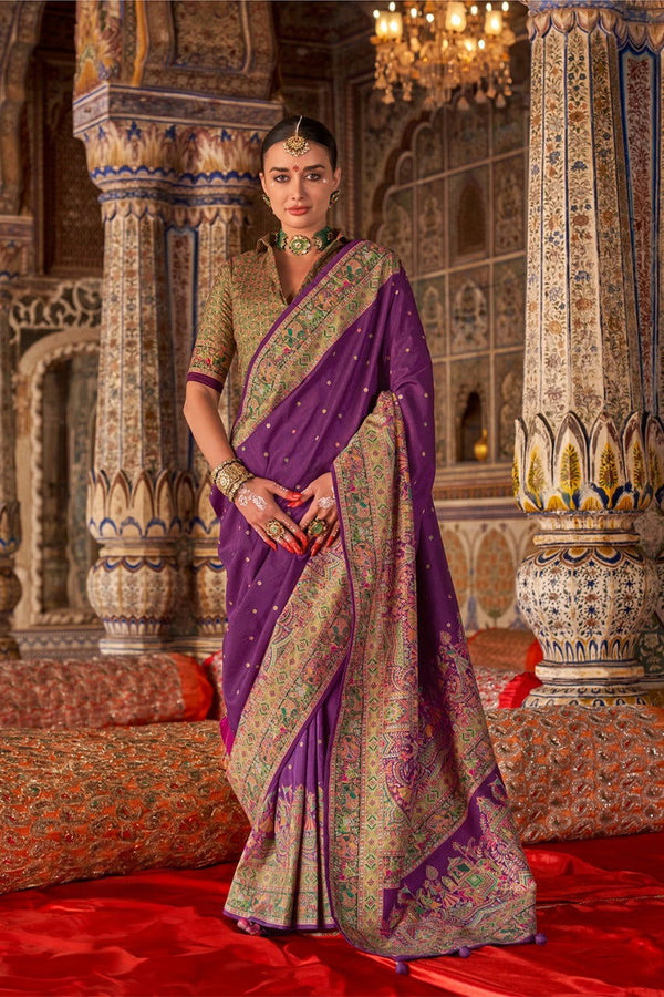 Purple Raw Silk Saree with Heritage Prints - Mayrake.in