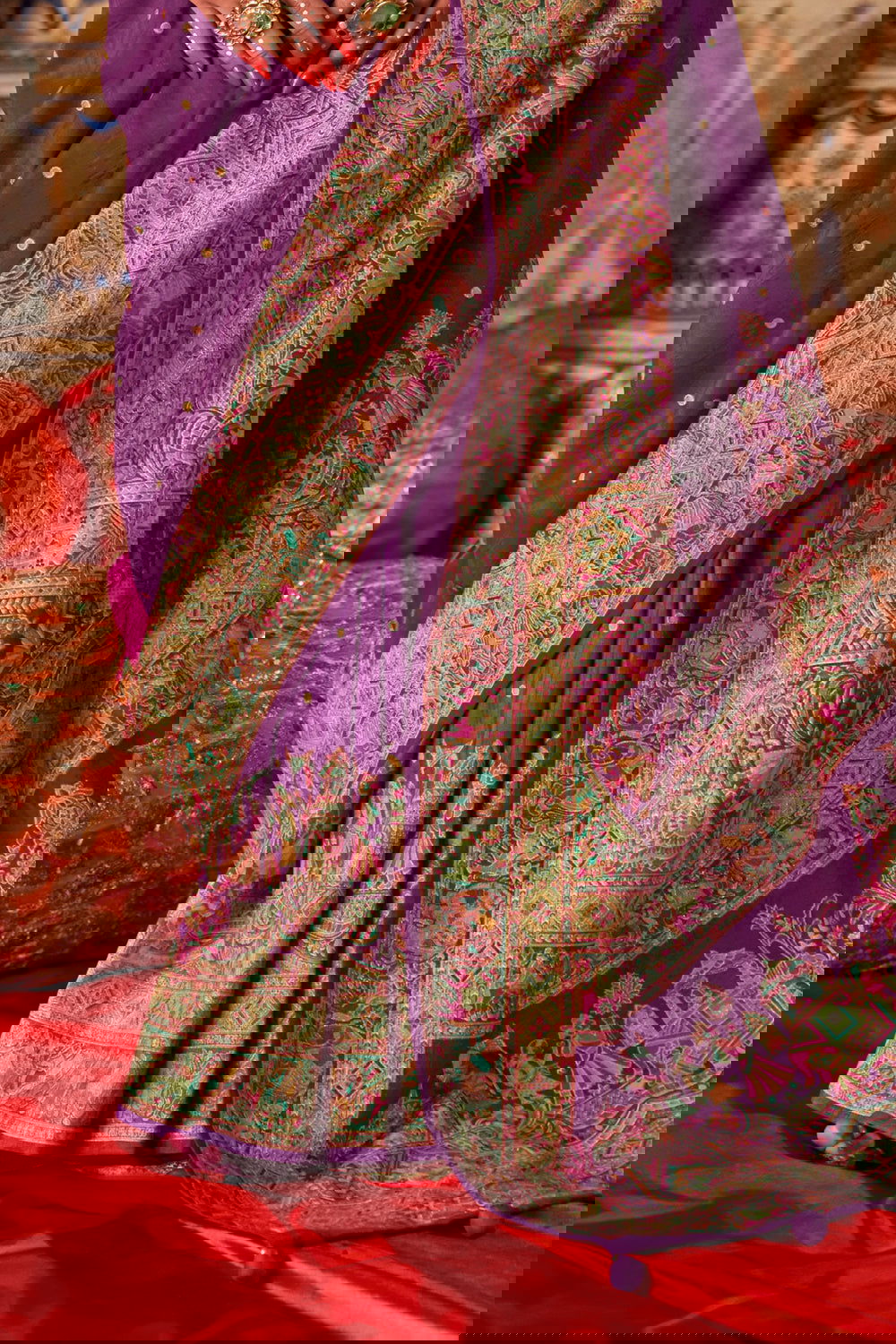 Purple Raw Silk Saree with Heritage Prints - Mayrake.in