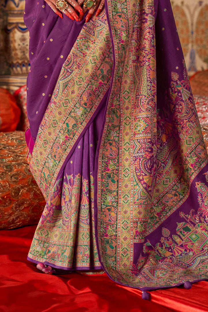 Purple Raw Silk Saree with Heritage Prints - Mayrake.in